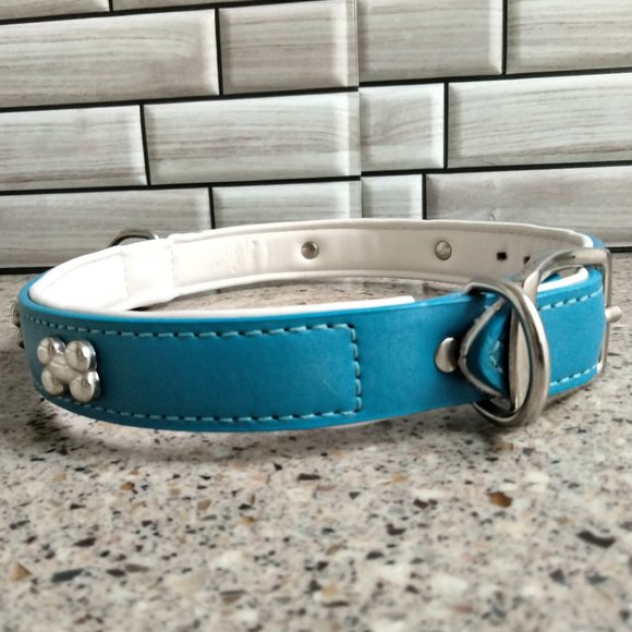 Blue White & Chrome Leather Dog Collar 24" MEDIUM - Picture 3 of 6